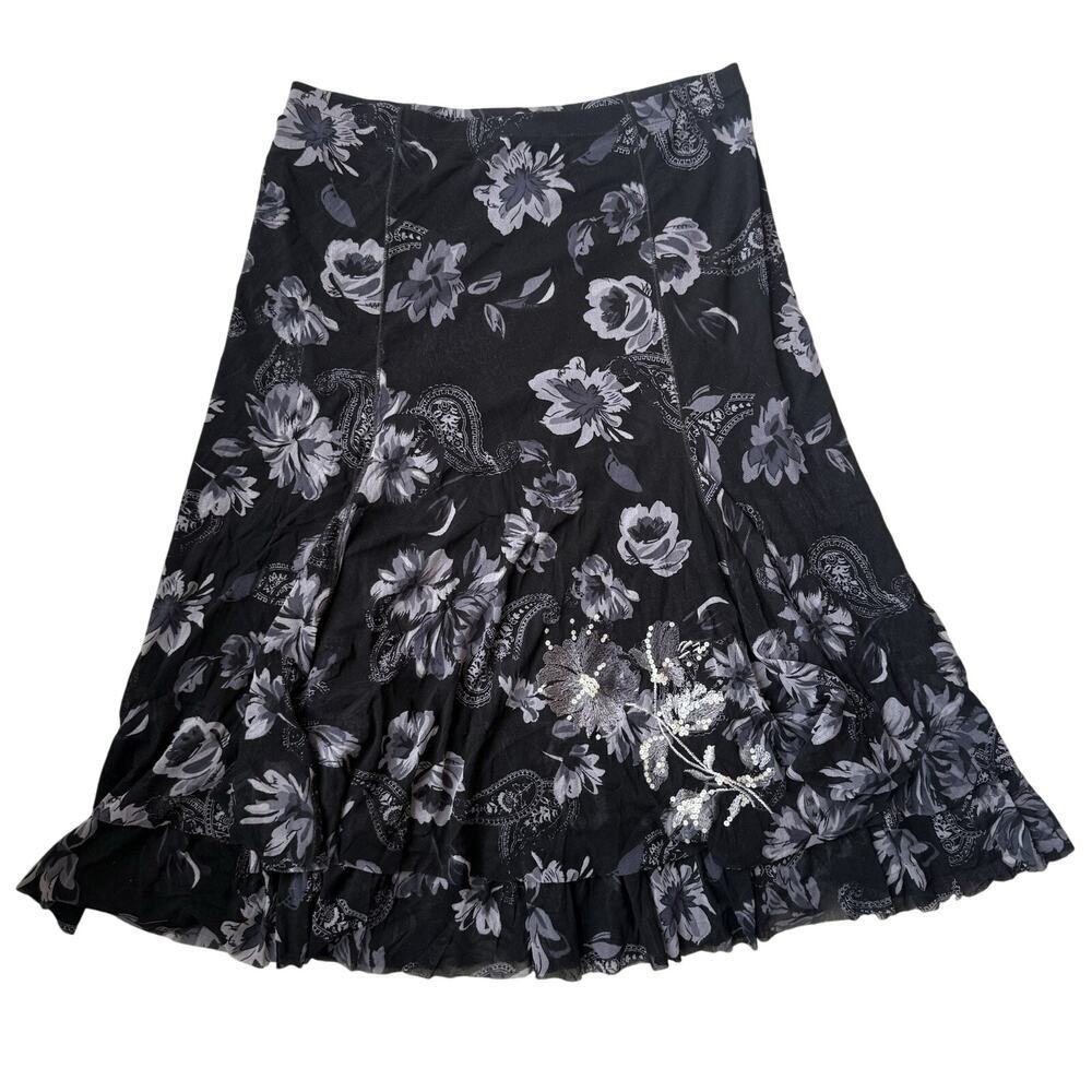 Coldwater Creek Dark Floral Tiered Fairy Grunge Whimsigoth Mesh Midi Skirt M